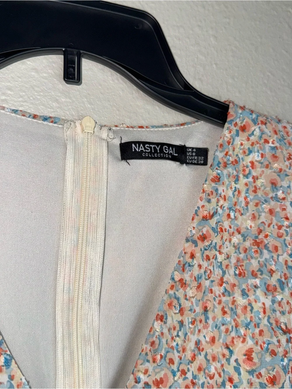 Nasty Gal Cream Floral V-Neck Long Sleeve Romper with Coral and Blue Accents - Picture 2 of 8